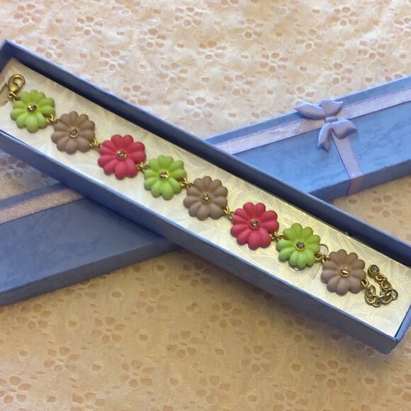 Vintage New Green Pink Gray Art Deco Multi Floral Charms Silver Bangle Bracelet - Picture 6 of 6